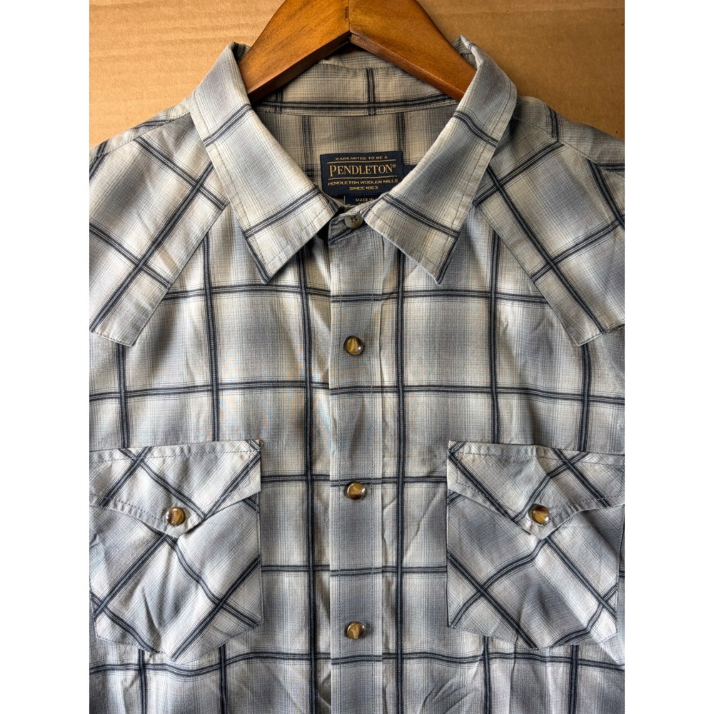 Pendleton Western Shirt Mens XL Gray Blue Plaid Short Sleeve Pearl Snap Button